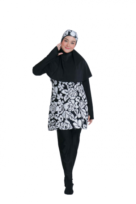 Baju Renang Muslimah - SB 511 (BLACK FLORAL WHITE )
