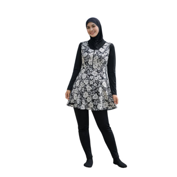 BD65 - MOONAZ Premium Muslimah Swimsuit Set Swimwear Slim fit (Corak Bunga Hitam Putih)